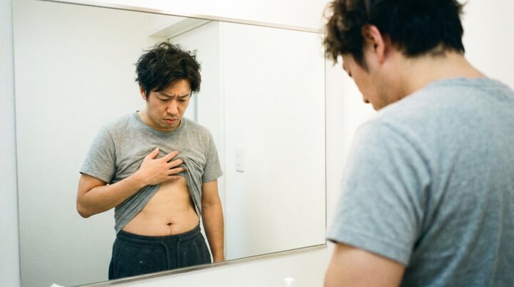 鏡でお腹周りを気にする日本人男性