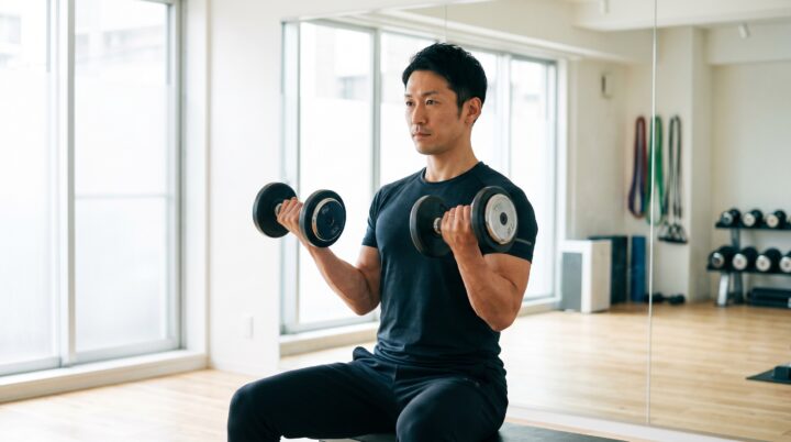 ダンベルで筋トレする日本人男性