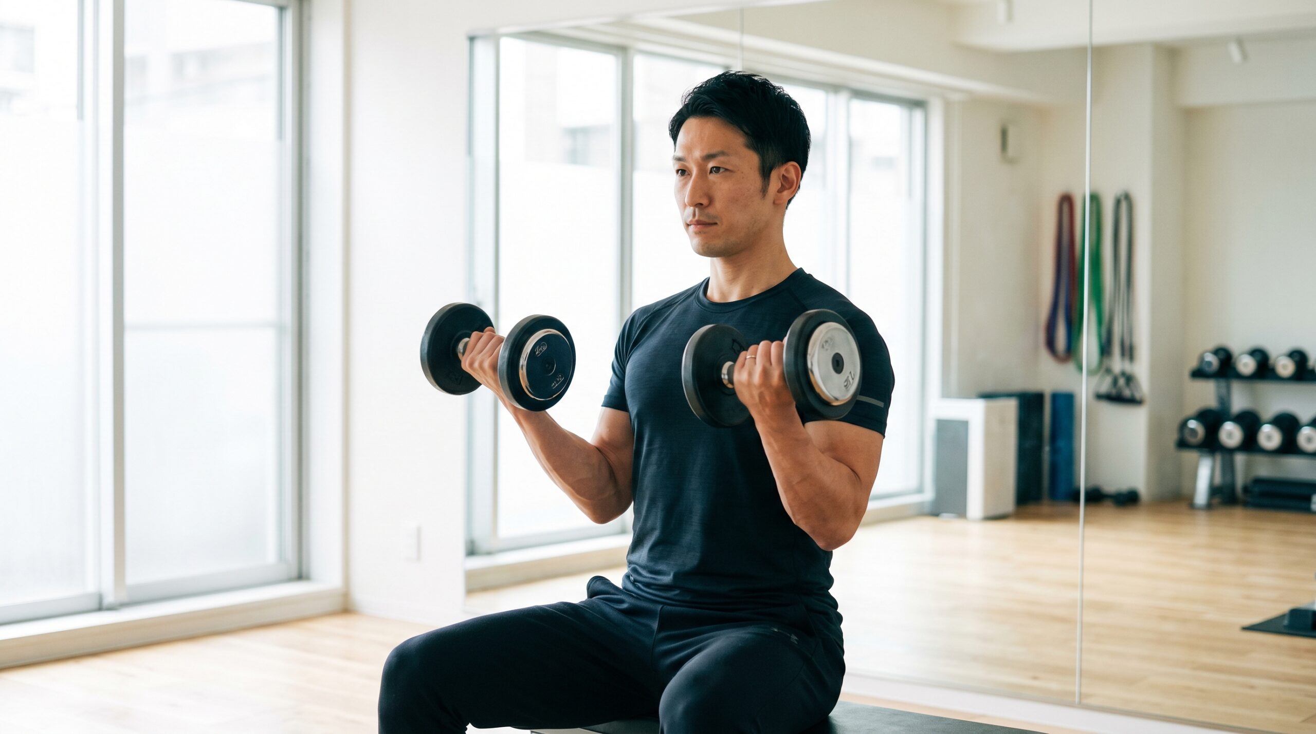 ダンベルで筋トレする日本人男性
