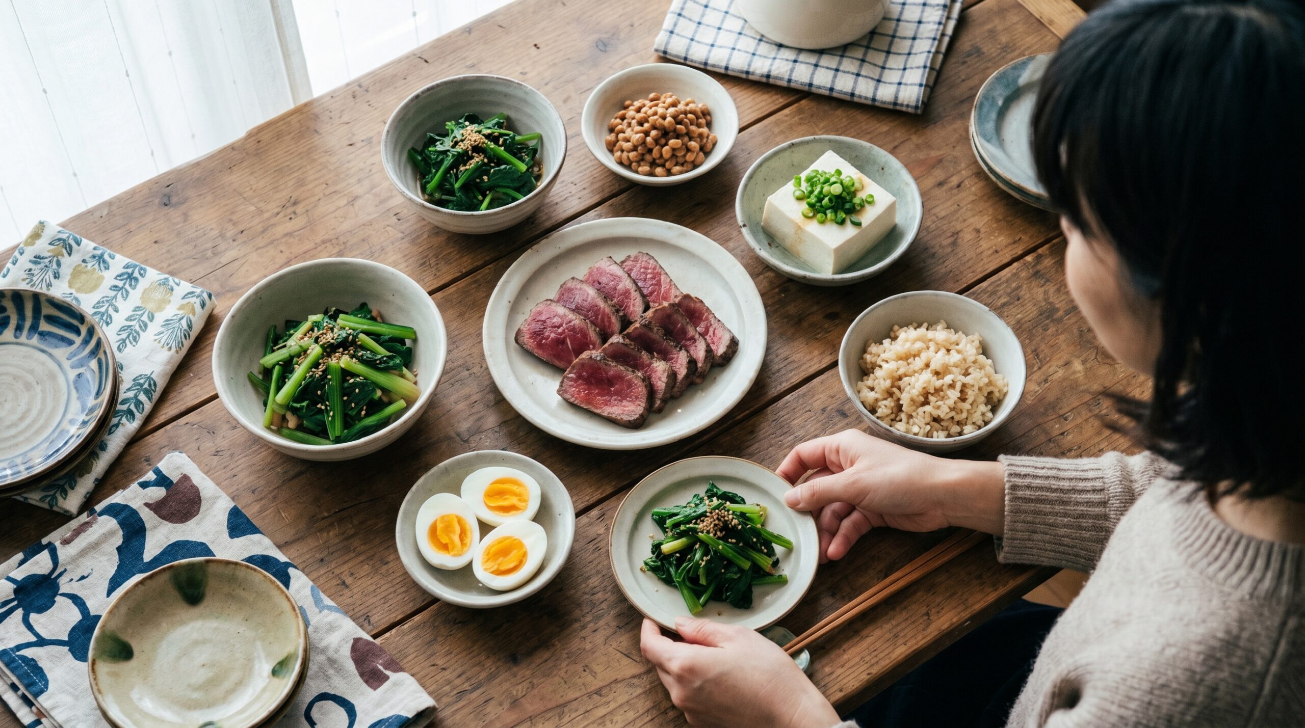 鉄分豊富な食事(赤身肉・青菜・大豆製品)