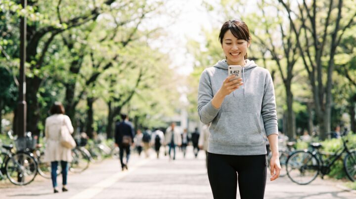 歩数を記録しながらウォーキングを続ける女性